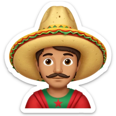 mexican man wearing a taco hat with morocco’s  sticker