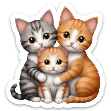 3 very small kittens cuddling together all different colours, the first one is grey and white, the second is ginger and white and the third is brown tabby and white sticker