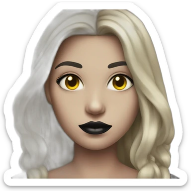  similar to human with red skin, black long hair, yellow eyes (black white of the eye), in black lather dress, black lips sticker