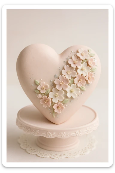 heart with sakura flowers and silver accents, fondant cake art style sticker