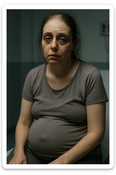 realistic portrait of a woman with PCOS, very debilitated and tired appearance, visible symptoms including dull skin, dark circles under eyes, thinning hair, abdominal bloating, fatigued posture, clinical atmosphere, dramatic lighting, vertical 2:3 aspect ratio, no text sticker