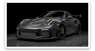 a stunning close-up of a porsche 911 gt3 rs , set against a black solid background. sticker