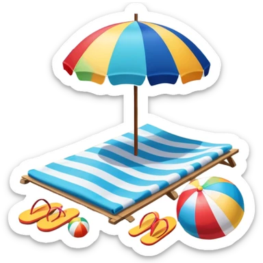 Icon for Beach Tourism: a sandy beach with a beach umbrella, flip-flops, a towel, and a beach ball, with the ocean waves in the background. The icon should capture the relaxation and fun of beach vacations. Transparent background. sticker