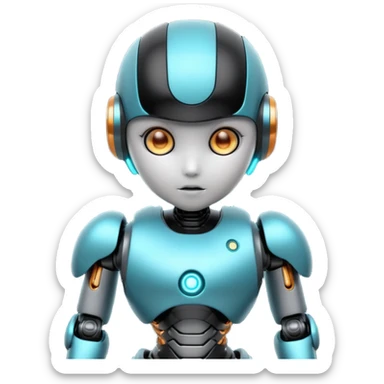 Cute futuristic chibi humanoid robot with large rounded head, glossy black and grey metal body, glowing cyan and amber eyes, visible joints, confident pose, white background, high-detail 3D render, LMX text on chest. sticker
