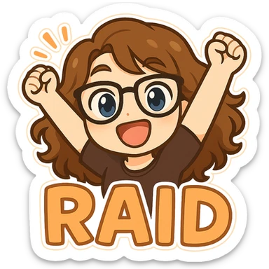 Create a chibi sticker emoji of this person in an energetic pose, with the word 'RAID' in cute, bold lettering matching the chibi style. Use a transparent background. sticker