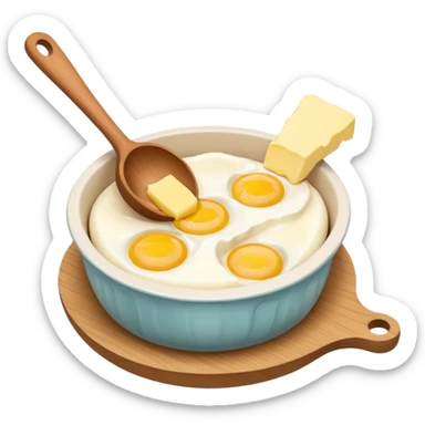 A cream ceramic baking bowl with a wooden spoon in it, a carton of eggs and butter sticker