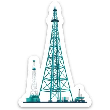 Oil derrick tower in cool tones with sky blue, teal green, white, and light gray sticker