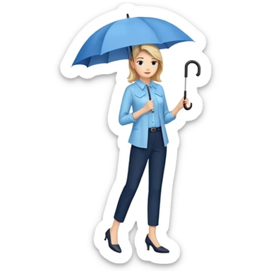 female smart light blue blouse, dark trousers, shoes. one hand holding an umbrella sticker
