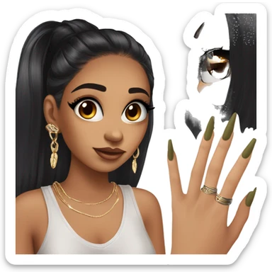 Glamorous, streetwear, black hair, long straight hair, olive skin, brown almond eyes, winged eyeliner with big lashes, wearing hooped earrings, rings and bracelets, almond fake nails sticker