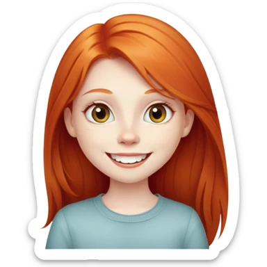 traditional simple emoji of young girl with very pale skin, long straight bright ginger red hair, big eyes, big smile with teeth showing, classic round face sticker