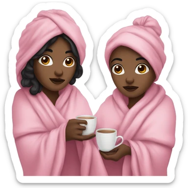 White girl black hair wrapped in pink blanket holding tea with both hands sticker