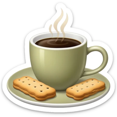 Coffee in a pale olive cup with biscuits sticker