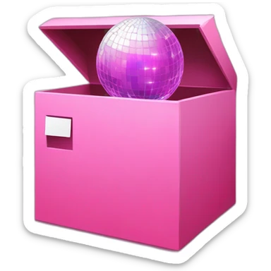 Inside a pink box, the letter "u" is in the middle, and disco ball, laptop, pencil and paint emojis peeking out from around the box. sticker