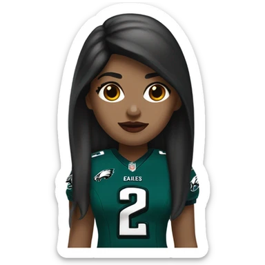 White female long dark hair red lips wearing Philadelphia Eagles jersey sticker