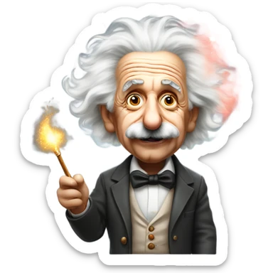 Albert Einstein holds a magic wand in his hand that’s emitting smoke. His eyes are red sticker