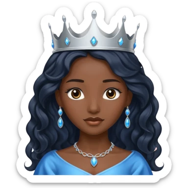 Por favor hazme el emoji de la princesa pero morena con el pelo negro y ondulado y largo, los ojos marrones y la corona plateada con jollas azules sticker
