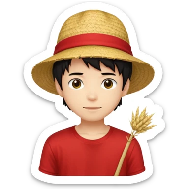 straw hat, black hair, anime style, red t-shirt,boy sticker