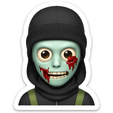 Zombie Emoji AppleIOS Style, Black Hair, SkiMask on Sideways Head, and Black shirt sticker