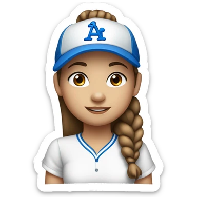 9 year old girl brown hair in a pony tail blue eyes and shirt and baseball hat and silver earring sticker