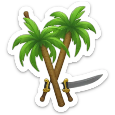 two crossed sword with one palm tree behind a swords sticker
