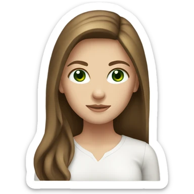 white girl. long brown hair. dark green eyes. white shirt. sticker