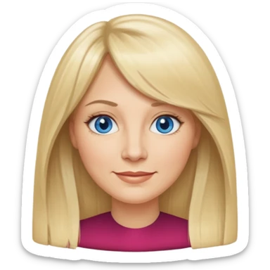 40 yr old white woman, curtain bangs, long straight blond hair, oval face, small smile, blue eyes sticker