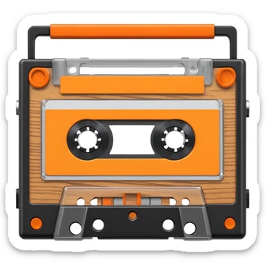 3D render of Cassette Tape, vintage 1980s audio equipment aesthetic, tactile analog buttons, transparent clear plastic with orange ribbon reels inside, mixed wood grain and brushed aluminum textures, Apple emoji style, isolated on white background --v 6.0 sticker