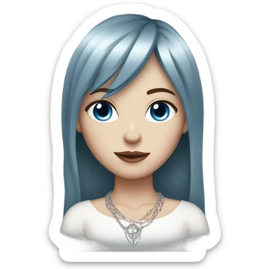 woman with pale skin, blue eyes and long dark red hair with layers and fringe bangs, wearing a white top and silver jewellery sticker