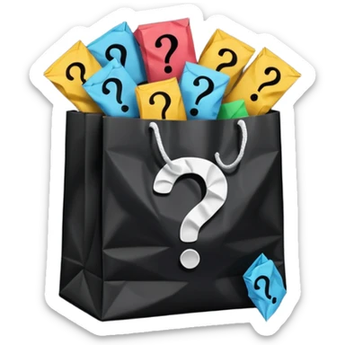black goodiebag with questions mark boxes stuffed in it sticker