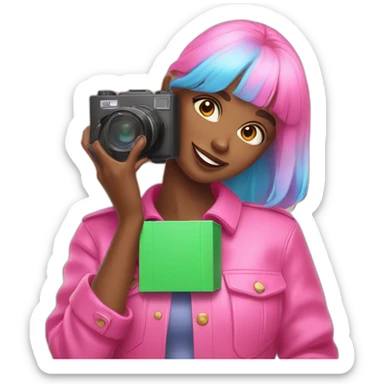 influencer taking a picture of herself with a bright box in her arms sticker