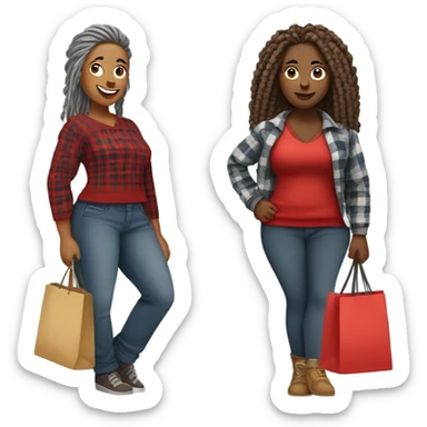 A very Curvy woman with gray locs in pants with shopping bag.  The other very curvy woman is brown with red locs in a skirt with plaid sweater shopping at yard sale sticker