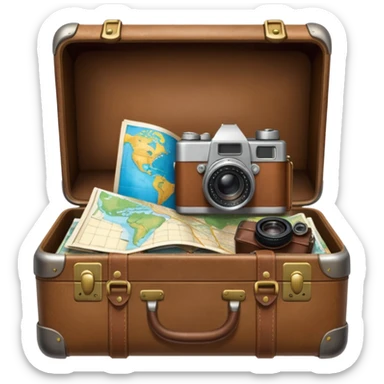 An open traveler's suitcase, from which a map, camera, and phrasebook peek out. sticker