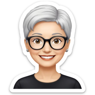 Nữ 60 tuổi, da trắng, tóc ngắn màu bạc, đeo kính màu đen, mặt cười tươi sticker
