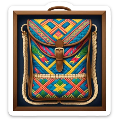 Cinematic Realistic image of a traditional Colombian mochila, rendered with detailed woven textures and vibrant patterns, set against a rustic backdrop with soft, cultural lighting sticker