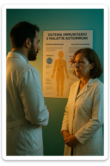 Foto tutta in italiano Realistic, detailed photo taken from behind of one doctor e un paziente —a bearded man and a middle-aged woman—standing and facing each other as they discuss an autoimmune disease diagnosis in front of a medical chart that displays information about the immune system and autoimmune conditions. The scene is illuminated by a yellowish, orange, warm light that softly envelops the doctors. The entire room is bathed in a single green-blue color, creating a cohesive and modern atmosphere. Both doctors wear white coats, and their body language suggests a serious, professional conversation about the complexities of autoimmune diseases. Shot with a Canon EOS R5, with high detail and natural depth of field. scritto in italiano sticker