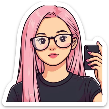 Teenage girl taking a selfie in a school bathroom. Long straight blonde hair with pink dye, rectangular glasses, black shirt, neutral expression with slightly glossy lips sticker