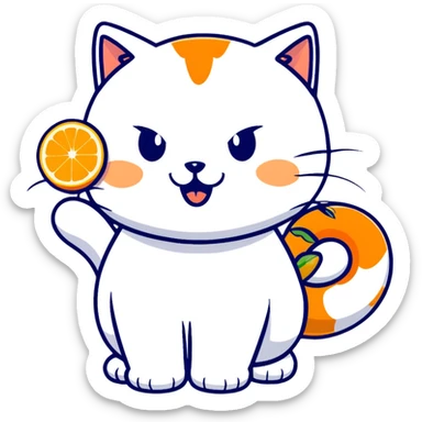 Cartoon orange cat eating an orange fruit that has a cat face on it sticker