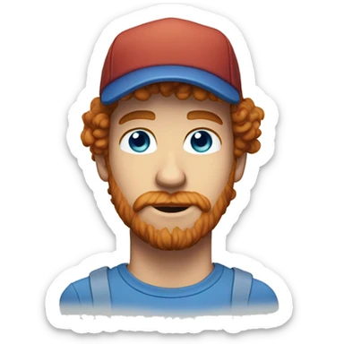 35 year old, male, short curly red hair, pale, beard, blue eyes, hat sticker