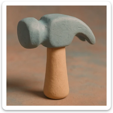 A claymation hammer with a simple wooden handle and a large, rounded metallic head, matte texture with visible fingerprints, pastel colors sticker