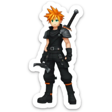 cloud strife  with orange hair. Black clothes full body with Buster sword  sticker