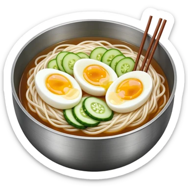 Korean cold noodles (naengmyeon) in a metal bowl, with thin noodles, cold broth, cucumber, and a half boiled egg on top, iPhone emoji style sticker