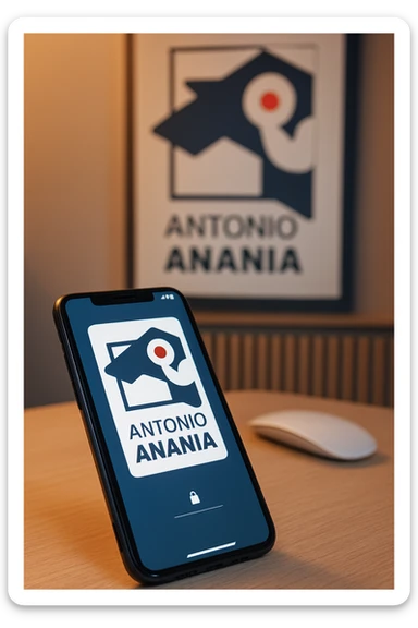 A photo of an iPhone on the desk with the logo of "Antonio Anania" on its screen, The phone sits atop a desk with a blurred with the logo in the background that suggests work environment. A faint glow from above casts gentle shadows across the surface of each object, creating depth and highlighting their textures sticker