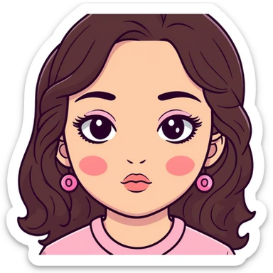 girl with light wheatish skin, dark brown long wavy hair, pouty shiny lips with berry lip gloss, large eyes with eyelashes, pink blush on cheeks, inner eye highlighted with white eyeliner, button nose sticker