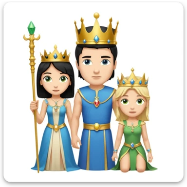 Man as king, standing, black Hair, blue eyes, female Servoamt, blonde, green eyes, shott white sleveless Dress, kneeling, background palace sticker