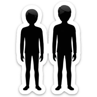 Minimalist emoji-style sticker of a person standing in front of a cracked mirror. The mirror shows a dark shadowy silhouette or distorted figure instead of a reflection. Flat black and white design with muted gray tones. No text. Bold, clean lines. Square composition. No shading or gradients. sticker