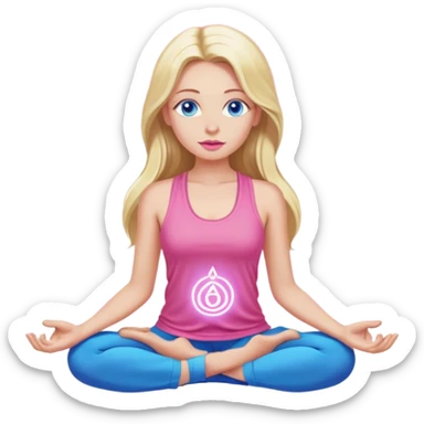 Cinematic realistic blonde with long hair, Cinematic realistic blonde with long hair, blue eyes and pink lips, wearing a pink tank top, meditates, her chakras glow sticker