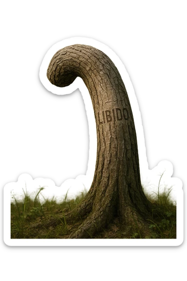 Realistic, vertical 4K illustration: a hyperrealistic tree trunk in a forest setting, noticeably bent, drooping, or wilted instead of standing upright. The bark is textured and detailed WITH THE WORD "LIBIDO" PRINTED ON IT, with subtle cracks and faded colors suggesting loss of vitality. Soft, natural light filters through the surrounding trees, casting gentle shadows. The scene is quiet and contemplative, with the trunk’s unusual, slumped posture symbolizing a decline in male libido. The background is lush and detailed, but the focus remains on the central, softened trunk, evoking a sense of vulnerability and introspection. sticker