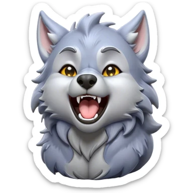 Cinematic Cute Yawning Werewolf Portrait Emoji, with a cuddly, miniature lupine form in soft moonlit grays and silvers, head leaning back in a big, adorable yawn that reveals a few fuzzy teeth, simplified yet irresistibly charming, highly detailed with a soft glowing outline that captures the drowsy, playful essence of a werewolf mid-nap! sticker