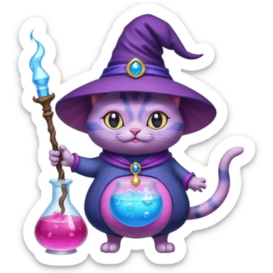 Purple witch cat full body with pink potion and blue potion bubbling  sticker
