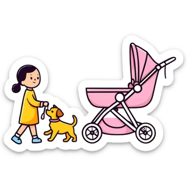 girl walking a dog in a stroller with bold lines sticker